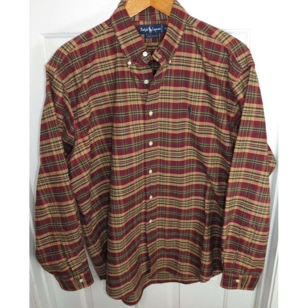 Polo Ralph Lauren Tartan Plaid Oxford Cloth Button Down Shirt Blue Pony XL